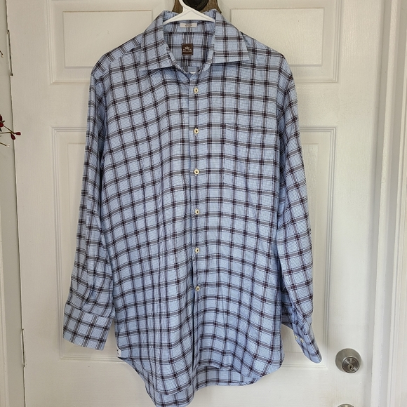 Peter Millar Men's Long Sleeve Dress Shirt, Size: Medium Color: Blue & Brown - Picture 2 of 16